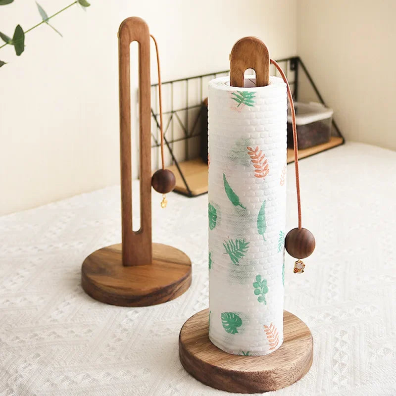 Solid Wood Paper Towel Holder Kitchen Punch-Roll Paper Storage Rack Lazy Rag Plastic Wrap Bag Storage Rack Kitchen Accessories